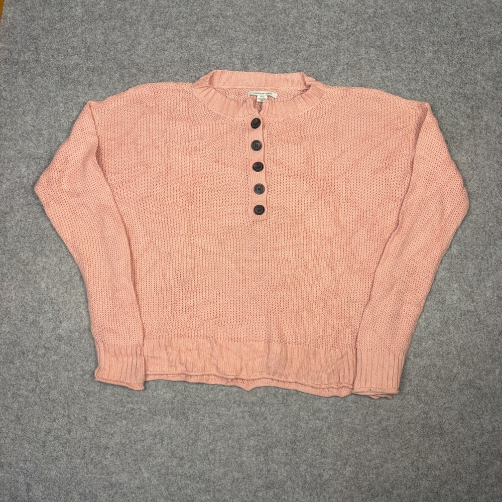 American Eagle Womens Small Peach Pink Henley Knit Sweater Long Sleeve